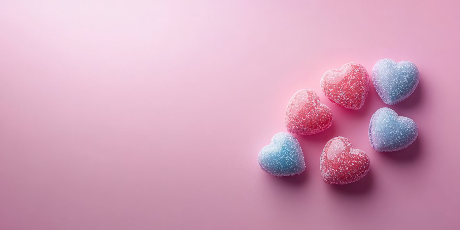 Colorful heart-shaped candies on a pink background creating a playful and sweet atmosphere for special occasions